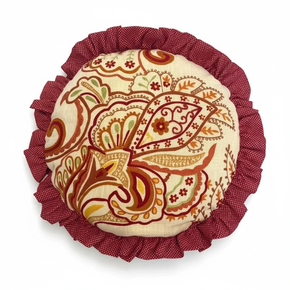 VTG Pier 1 Imports Round Boho Embroidered Ruffle Throw Pillow Red Polka Dot 16